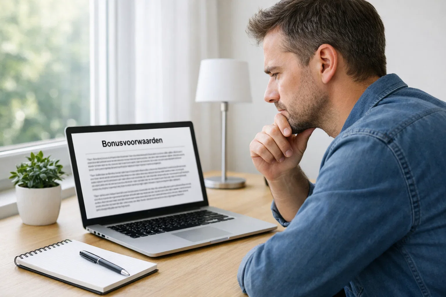 Persoon leest bonusvoorwaarden op laptop