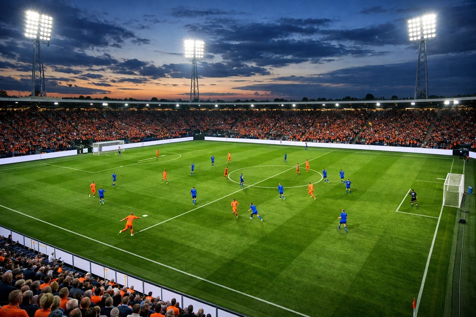 Nederlandse voetbalwedstrijd in stadion met supporters