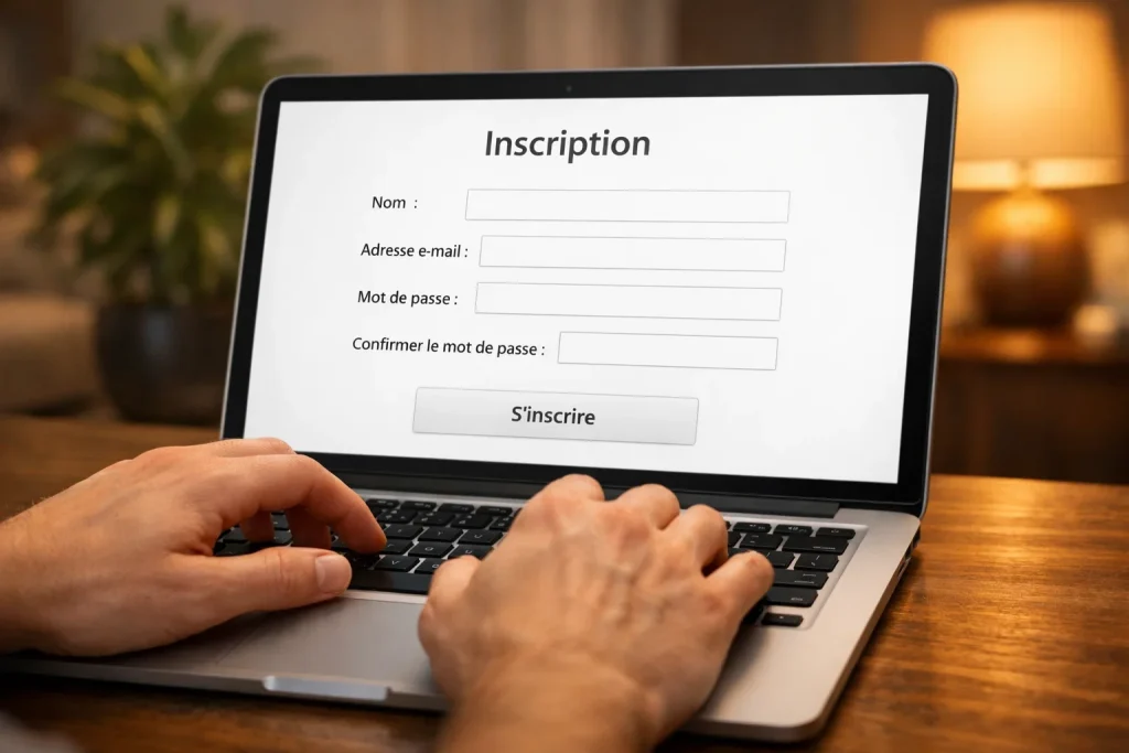 Handen typen op laptop met bookmaker website open voor registratie