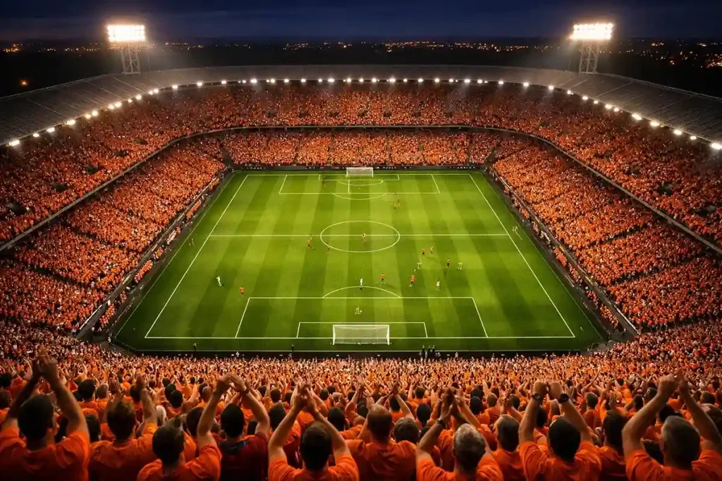 Voetbalstadion met supporters die een wedstrijd vieren