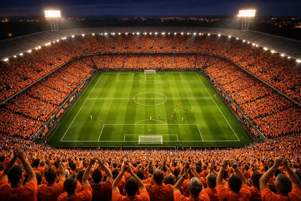 Voetbalstadion met supporters die een wedstrijd vieren