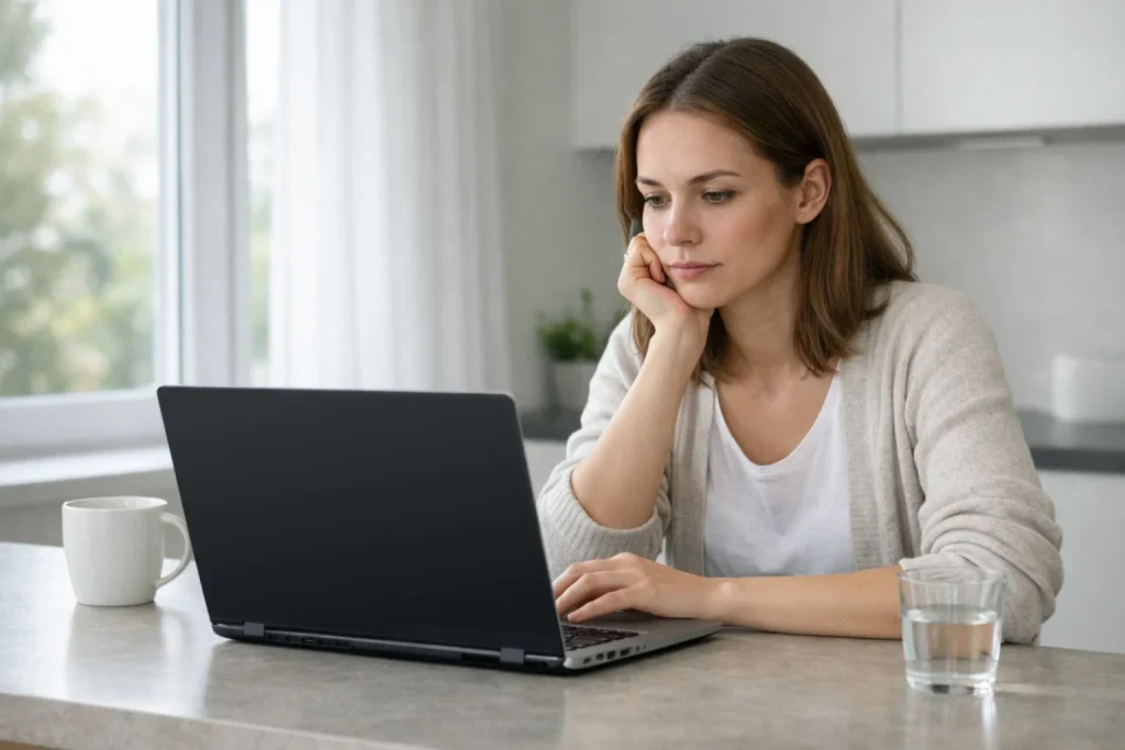 Persoon leest aandachtig de voorwaarden op een laptopscherm