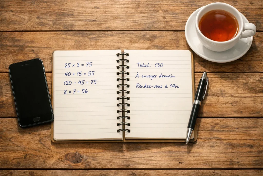 Persoon maakt notities en berekent winstpotentieel op papier