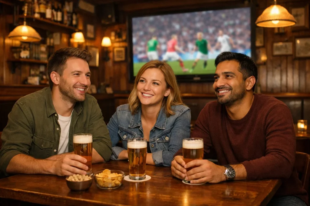Vrienden kijken samen naar voetbalwedstrijd op groot scherm in cafe
