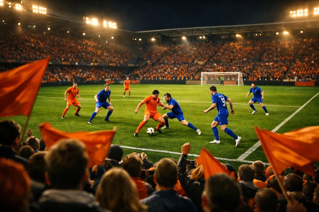 Voetbalwedstrijd in een vol stadion met supporters