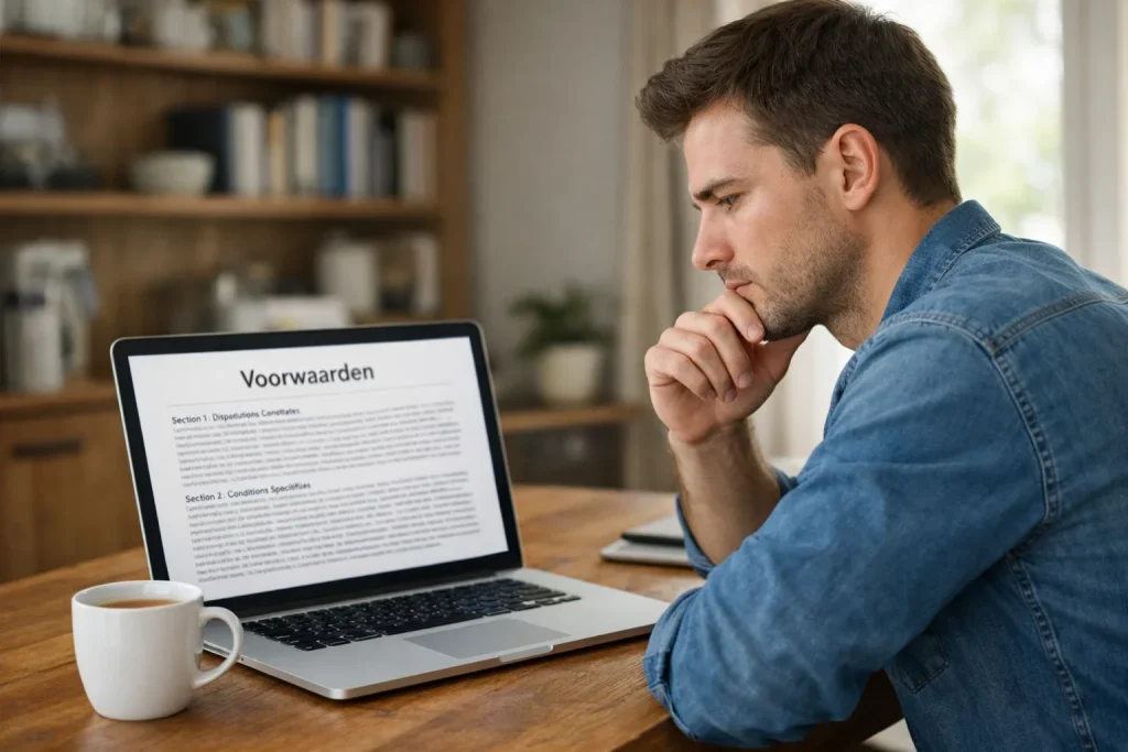 Persoon leest bonusvoorwaarden op laptop