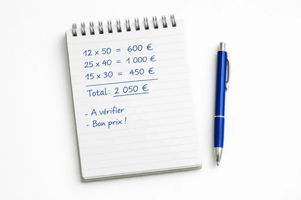 Notitieboek met berekeningen en pen