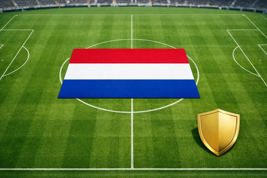 Voetbalveld met Nederlandse vlag en veiligheidsschild symbool