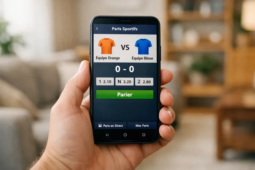 Smartphone met sportwedden-app en Eredivisie wedstrijd