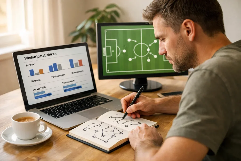 Persoon analyseert voetbalstatistieken op laptop met notitieblok