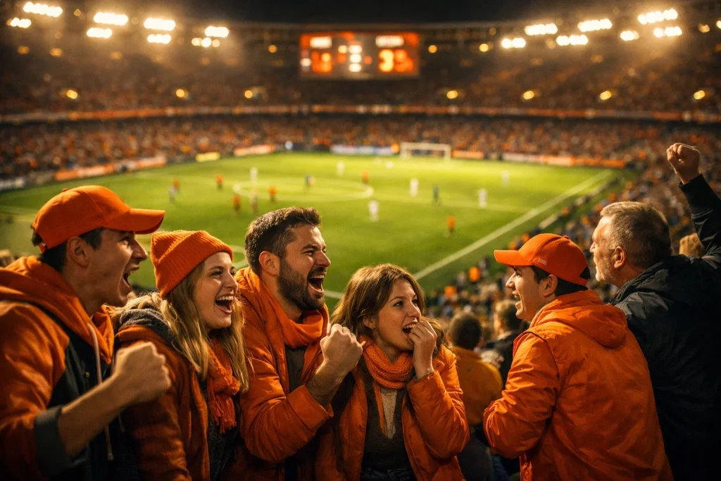 Voetbalfans kijken naar een live wedstrijd in een stadion met scorebord