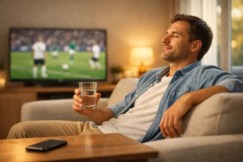 Rustige voetbalfan met smartphone neemt een pauze tijdens het wedden