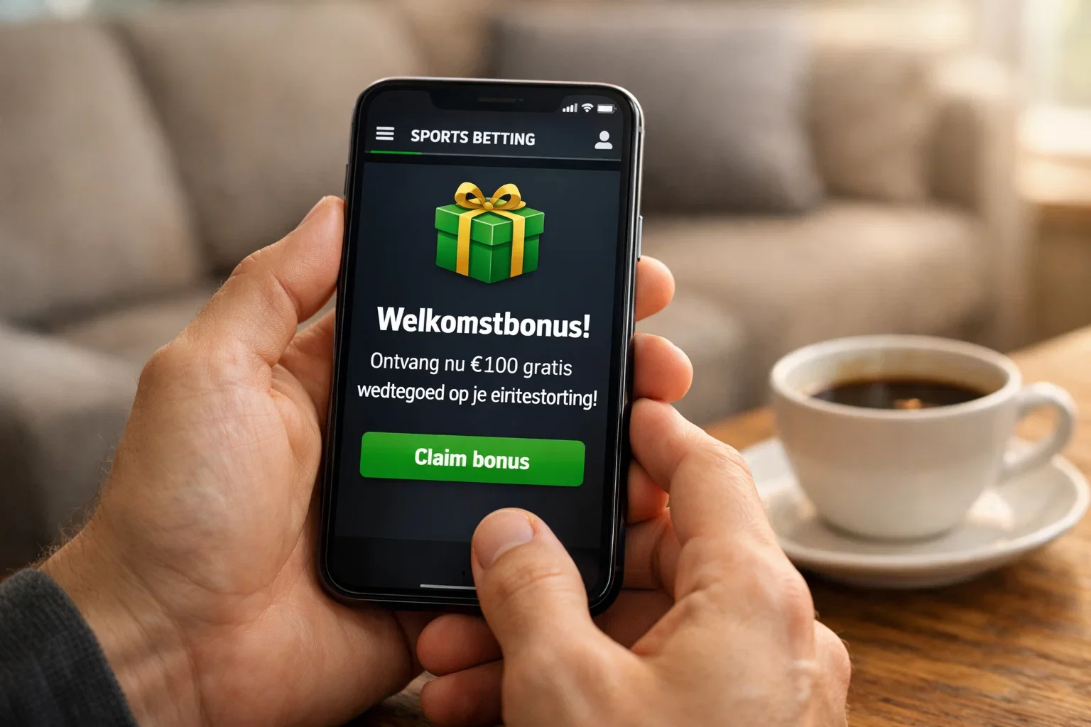 Smartphone met sportwedden app en bonus notificatie